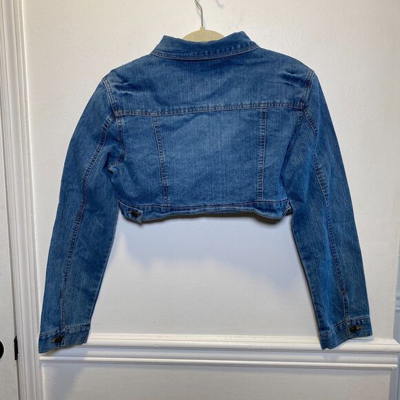 Y2K Cropped Denim Jean Jacket Destiny Jeans Large Blue Festival Streetwear Retro - Picture 2 of 10